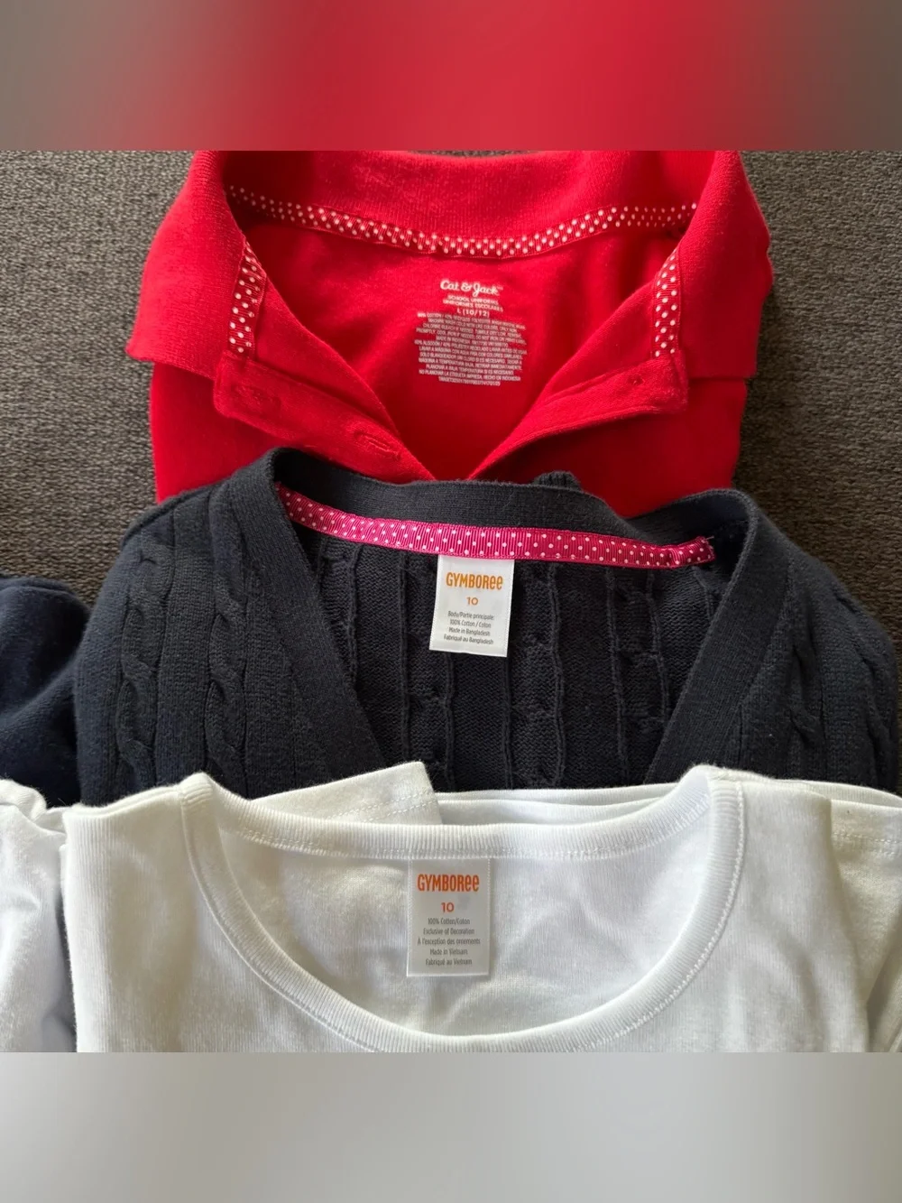 School Uniform Bundle 5PC Set Red White Blue Navy cardigan Long Short Sleeve Top